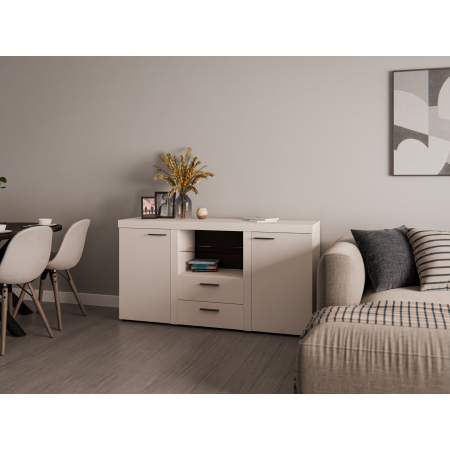 Komoda Ramon z szufladami Beż Piaskowy szklana półka 156 cm